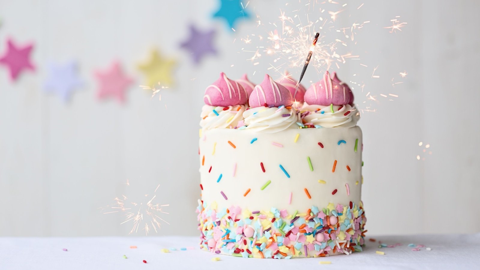 Birthday cake sprinkles and sparkler celebrate holiday anniversary party Ruth Black Shutterstock