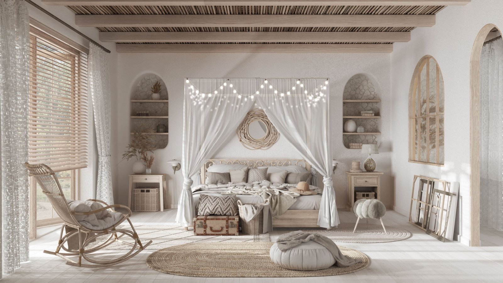 Bohemian bedroom with canopy bed Archi Viz shutterstock