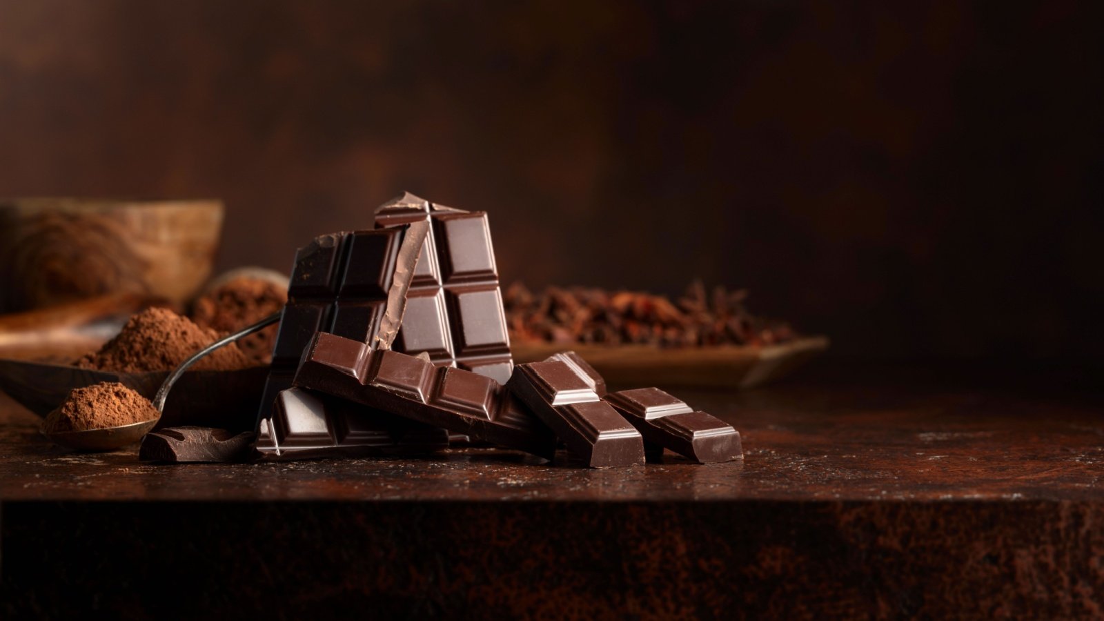 Broken dark chocolate bar and cocoa powder dessert sweets candy treat Igor Normann Shutterstock