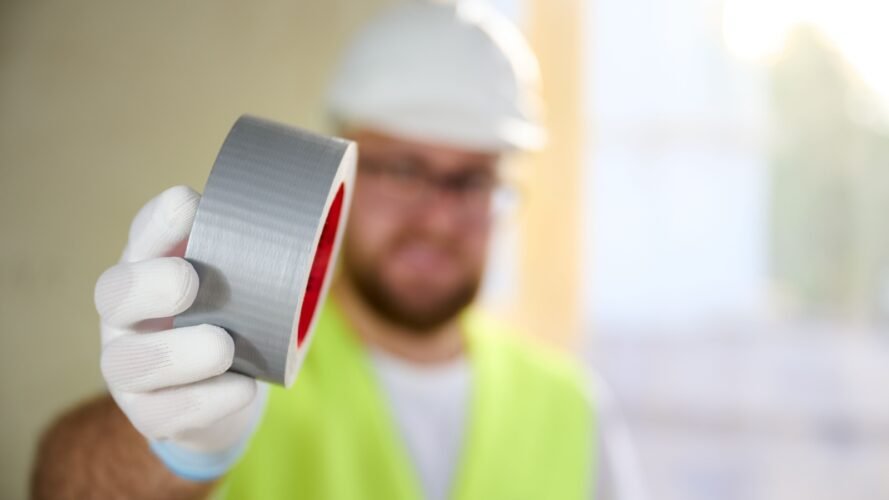 Construction worker in white gloves and a helmet hoding duct tape drD Shutterstock