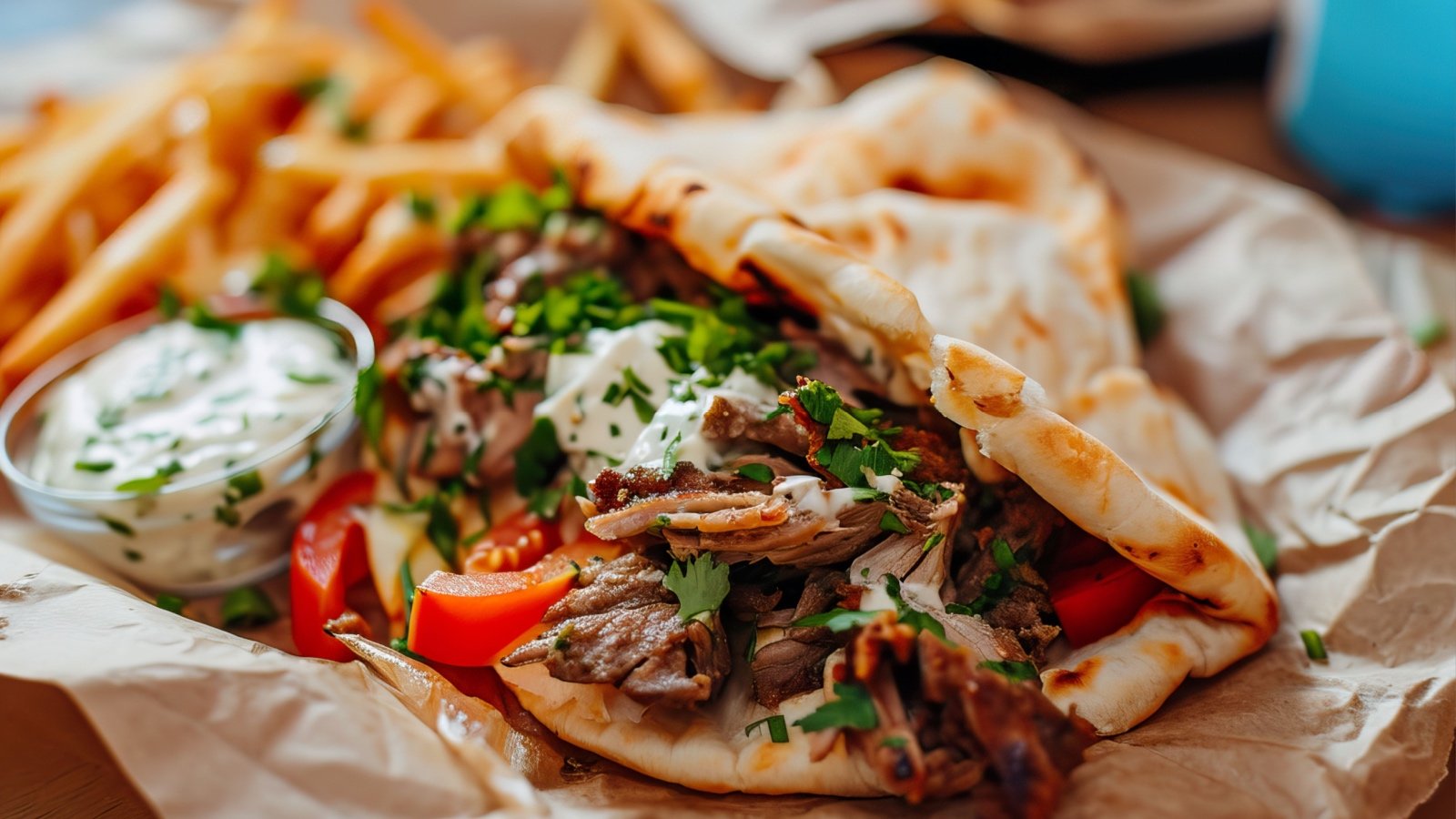 Gyro in a pita with vegetables and sauce and fries Metamore Studio Shutterstock