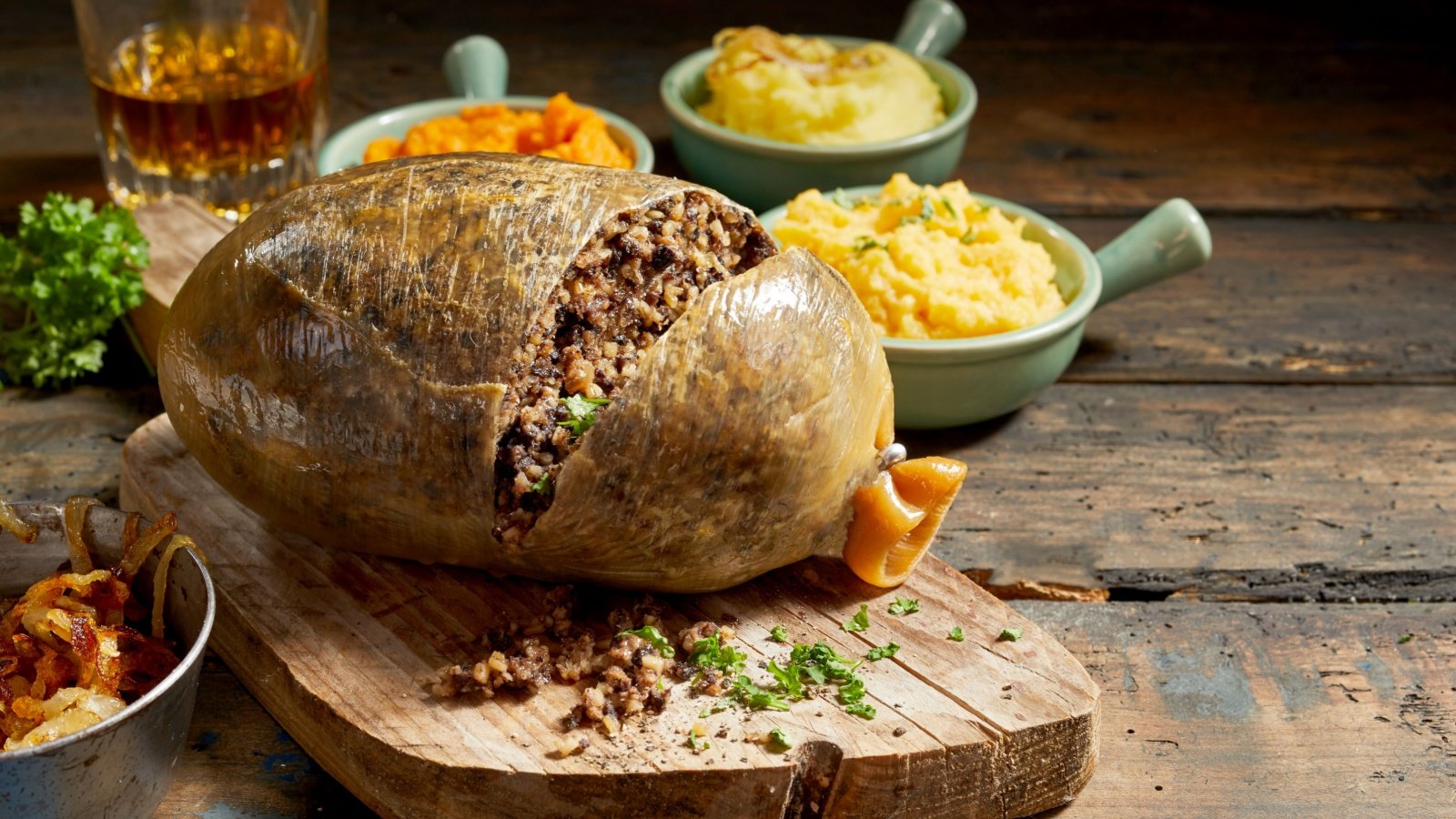 Haggis and vegetables with mashed turnip potato and fried onions stockcreations Shutterstock