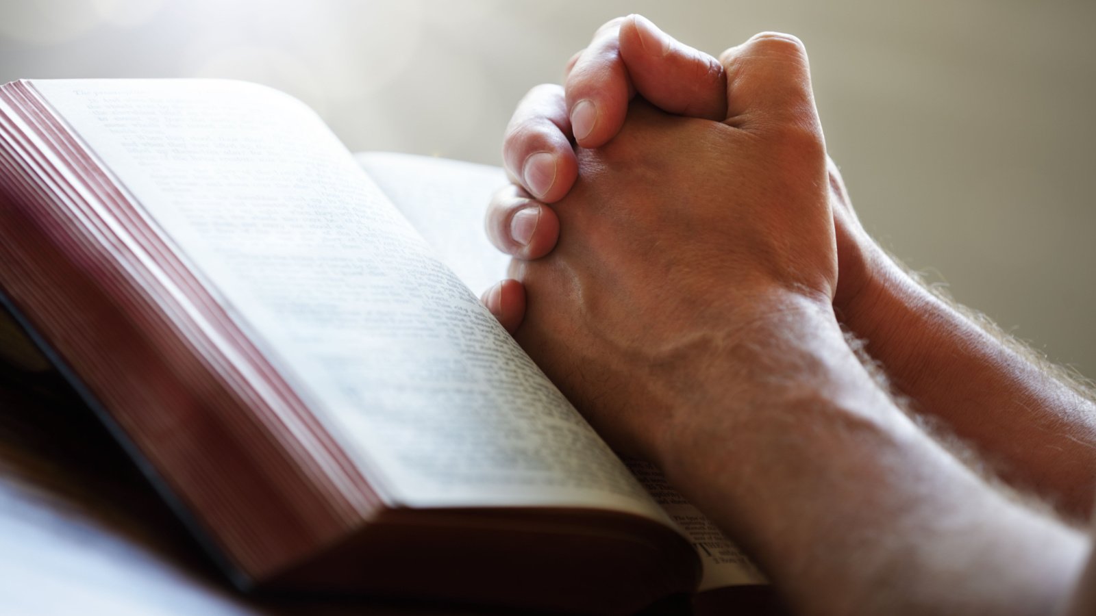 Hands folded in prayer on a Holy Bible in church concept for faith Brian A Jackson Shutterstock