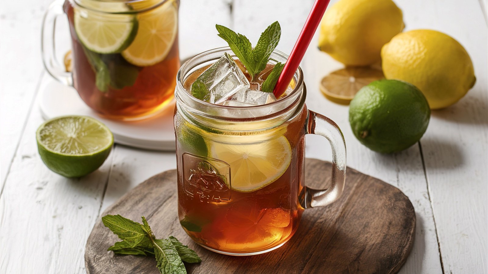 Iced tea served in a clear glass jar straw lime lemon mint gabrielocanu Shutterstock