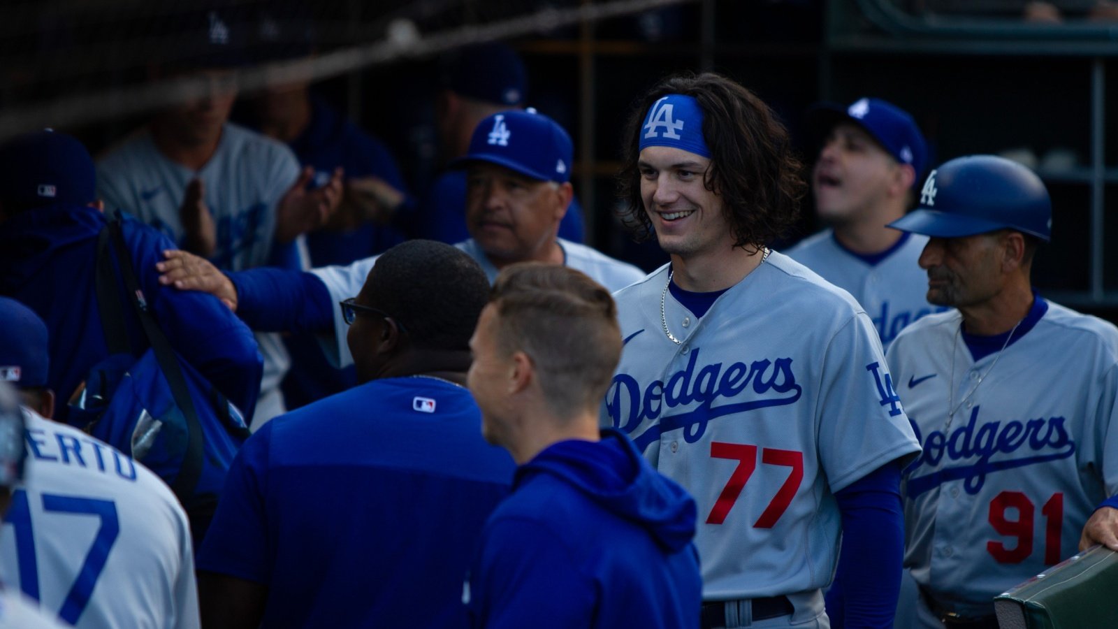 Los Angeles Dodgers Dave Roberts, James Outman and Dino Ebel baseball Conor P. Fitzgerald Shutterstock