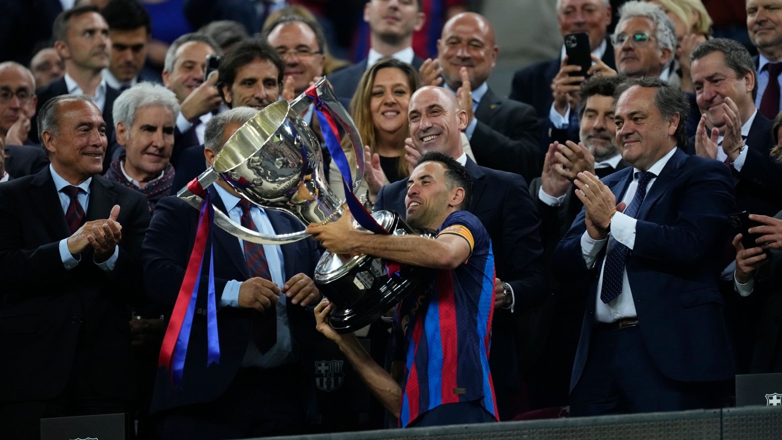 Luis Rubiales presents the La Liga championship trophy Jose Breton Pics Action Shutterstock