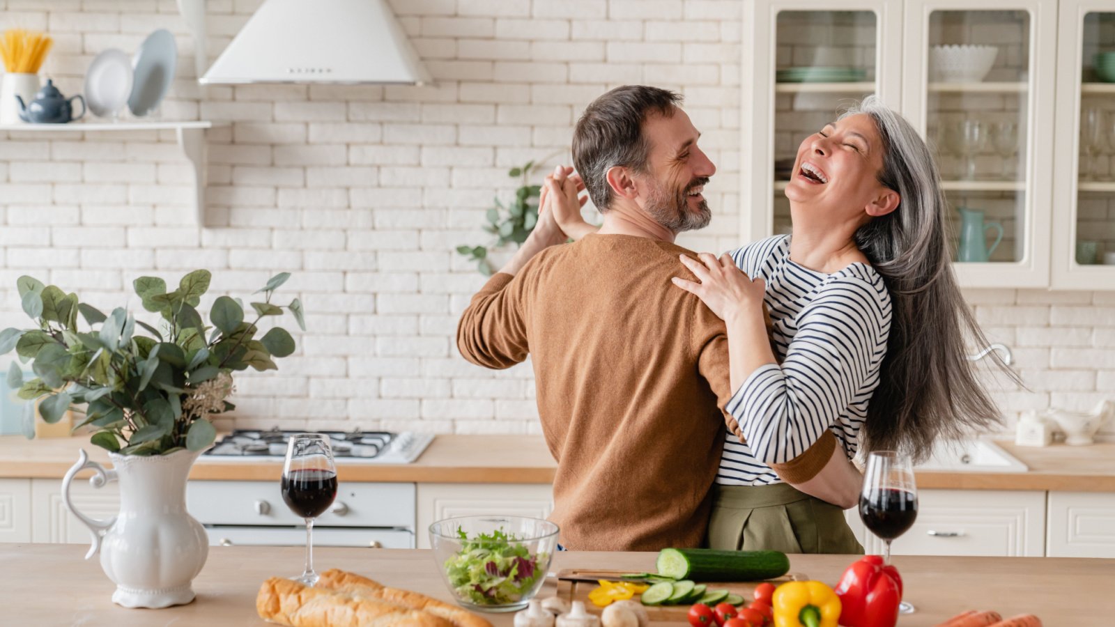 Mature Middle Aged Couple Dancing Kitchen Vegetables Romance Inside Creative House Shutterstock