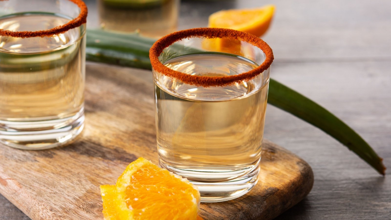 Mezcal Mexican drink with orange slices and agave worm salt alcohol drink etorres Shutterstock