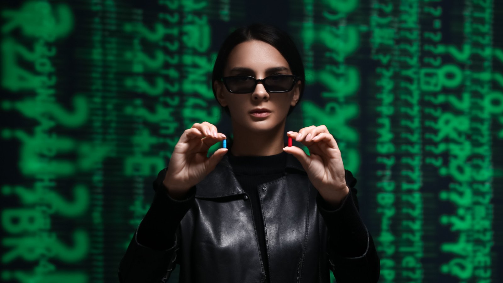 Movie Matrix like image woman blue red pill Pixel Shot Shutterstock