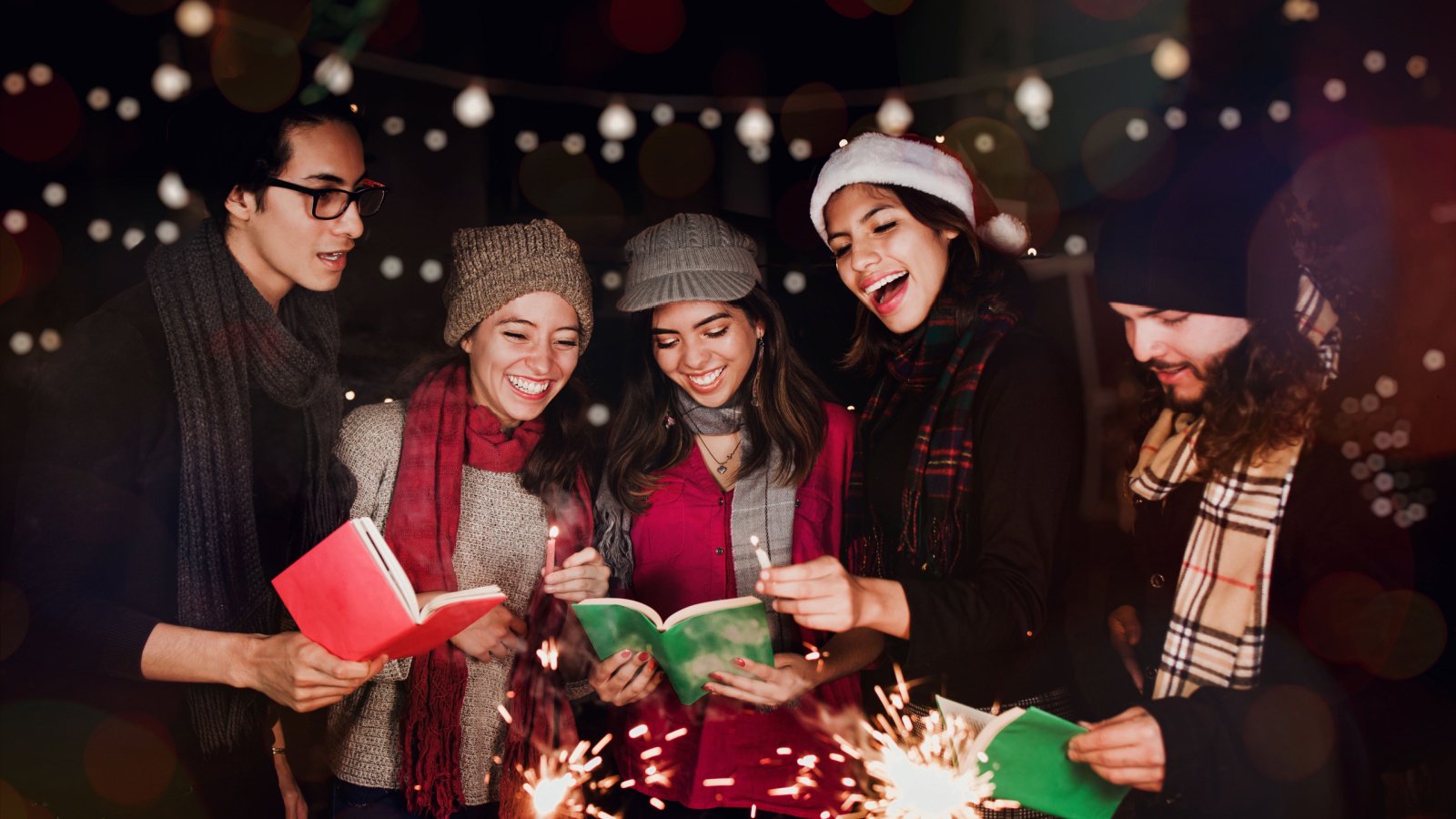 POC Group Friends Holiday Christmas Carroling singing Marcos Castillo Shutterstock