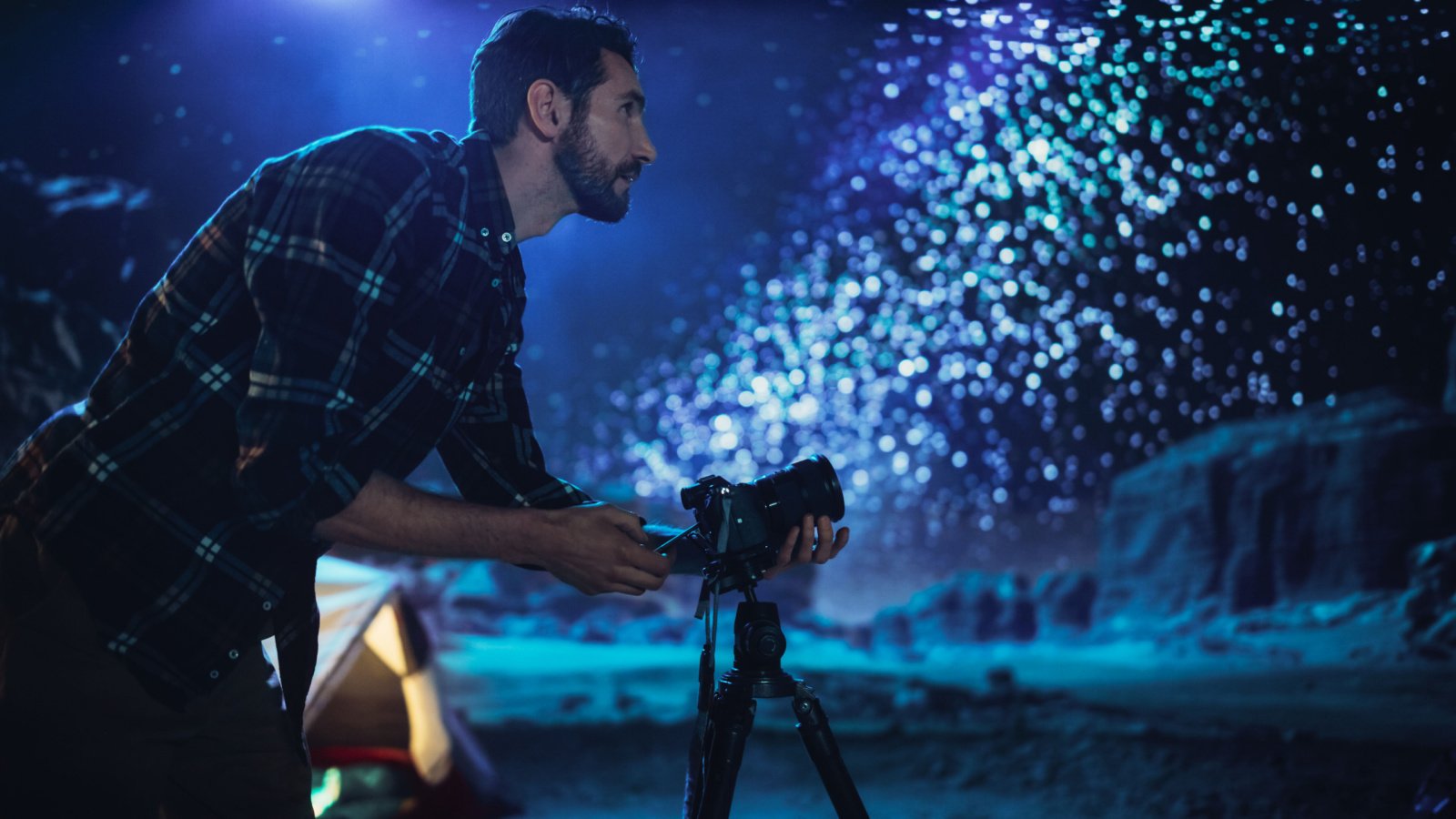 Photographer Camera for Starry Night Sky, Astro Photography in the Desert Nightscape. Nature Photo male Gorodenkoff Shutterstock