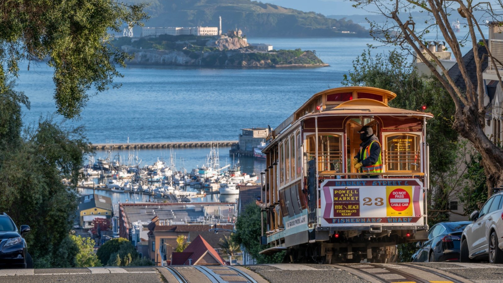 San Francisco Cable Car with Alcatraz island in the background Chris LaBasco Shutterstock