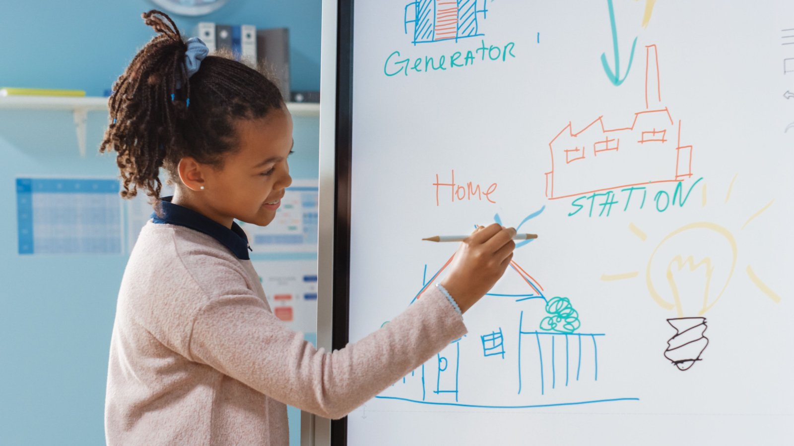 Smartboard Digital Whiteboard to Show to a Full Classroom how Renewable Energy Works Gorodenkoff Shutterstock