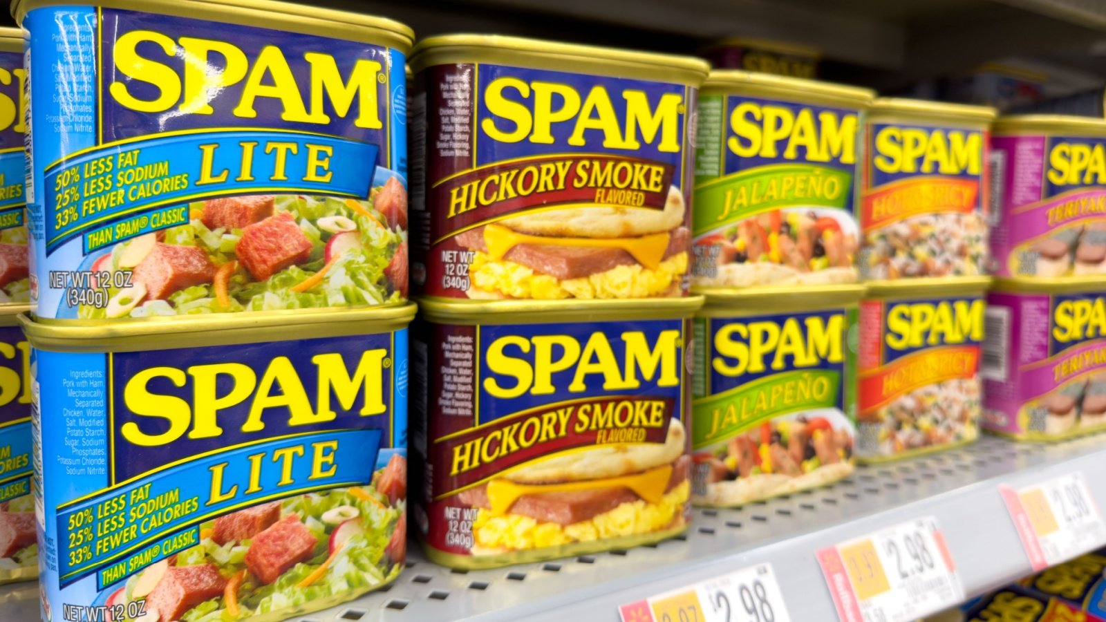 Spam varieties canned meat ham store shelf grocery ZikG Shutterstock Spam varieties canned meat ham store shelf grocery ZikG Shutterstock