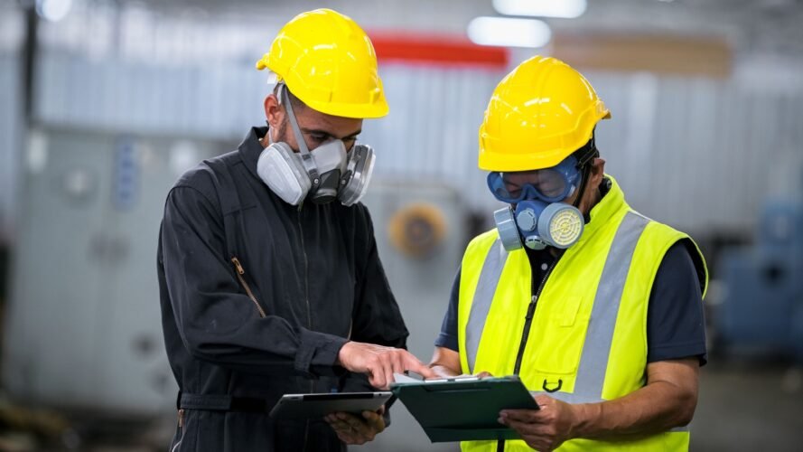 Two warehouse workers wearing Gas Masks hazardous chemicals toxic industrial leak WUT ANUNAI Shutterstock