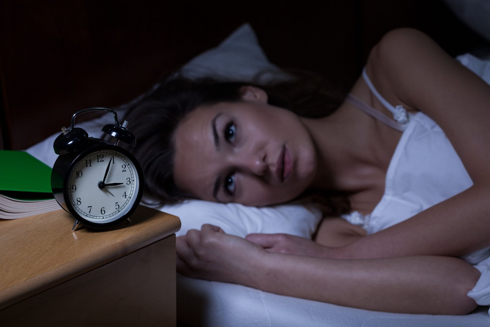 Woman Insomnia sleepless bed clock anxiety Ground Picture Shutterstock