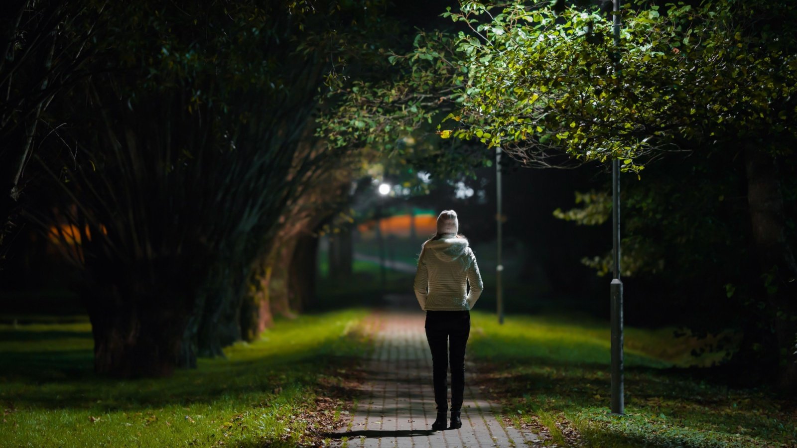 Young woman walking alone at night on the sidewalk streetlight park FotoDuets Shutterstock