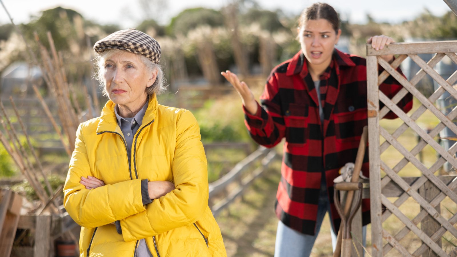 angry neighbors of different ages arguing during the vegetable garden season fighting suburbs