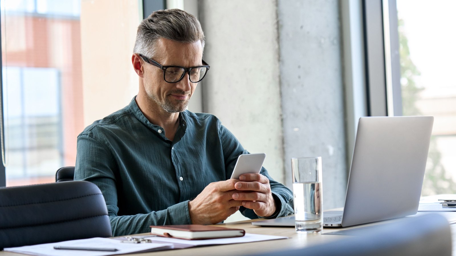 mature business male father smartphone sitting in office senior boss social computer ground picture shutterstock