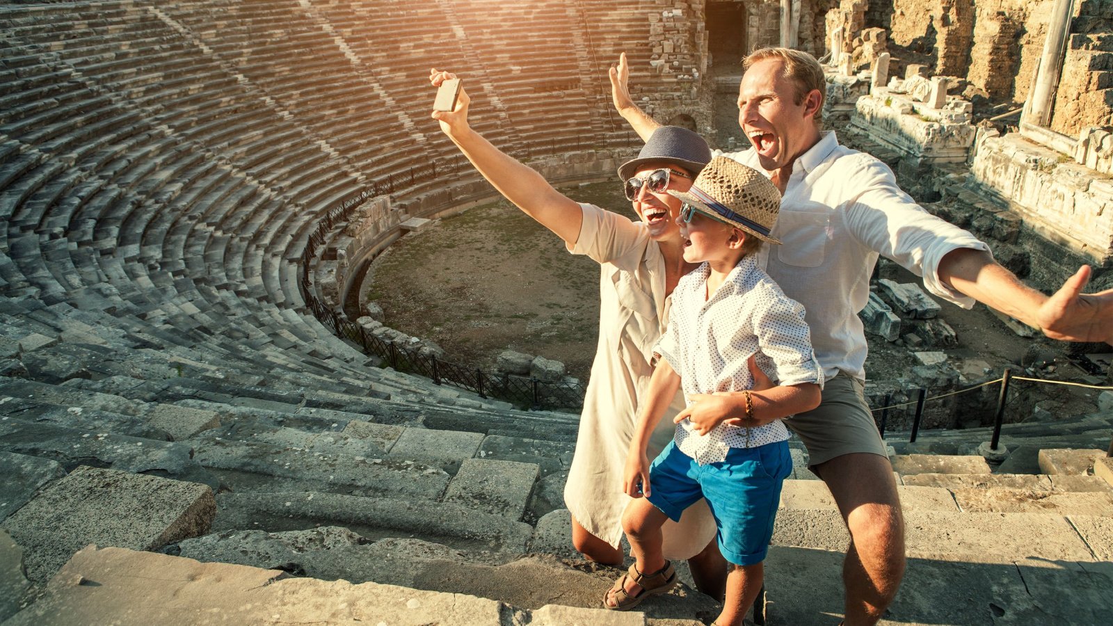 take a self photo in amphitheater vacation selfie soloviova liudmyla shutterstock