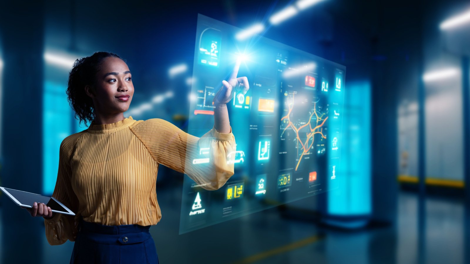 woman engineer hologram holographic artifical intelligence technology AI metamorworks shutterstock