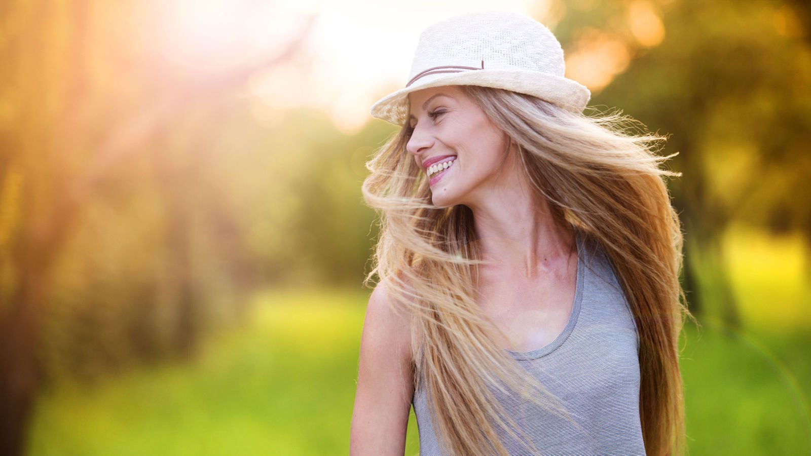 young woman long hair happy outside ground picture shutterstock